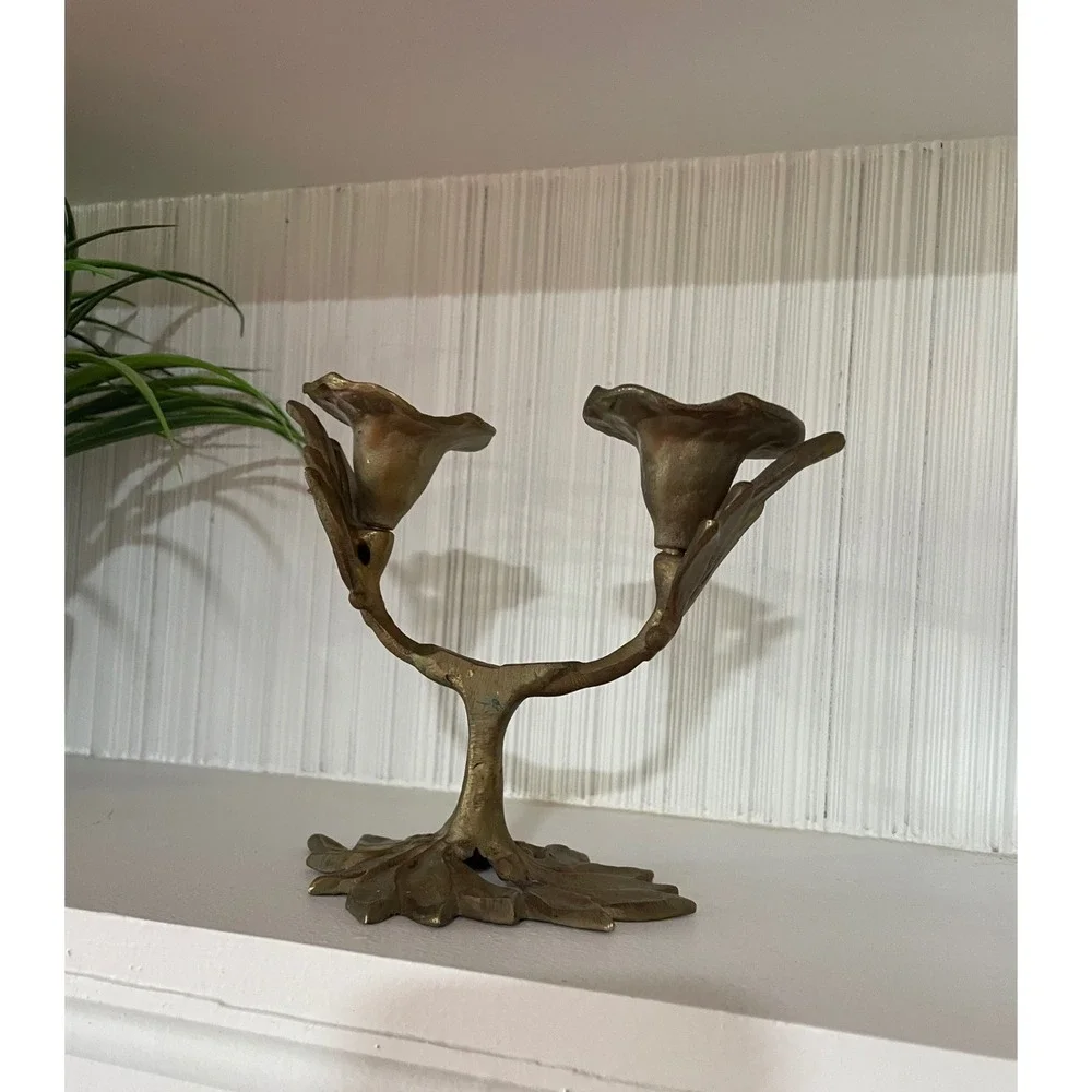 Vintage Brass Double‎ Lily Candelabra Art Nouveau Floral Taper Candle Holder